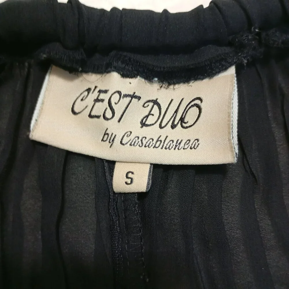 C'est Duo By Casablanca Black Crinkle Wide-Leg Pants With Drawstring Waist Sz S - Picture 2 of 13